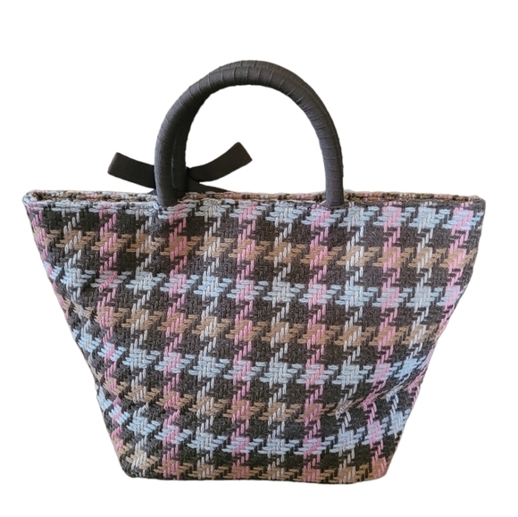 Boden Pink Brown Wool Blend Houndstooth Satchel Bag - Picture 2 of 5